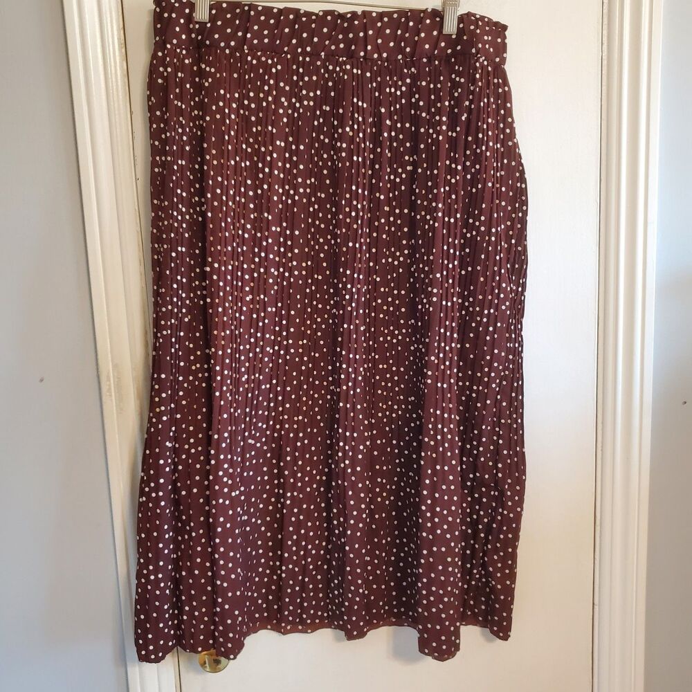 Simlu Brown Polka Dot Pleated Midi Skirt Elastic Waist L Boho Preppy Retro - Picture 4 of 11